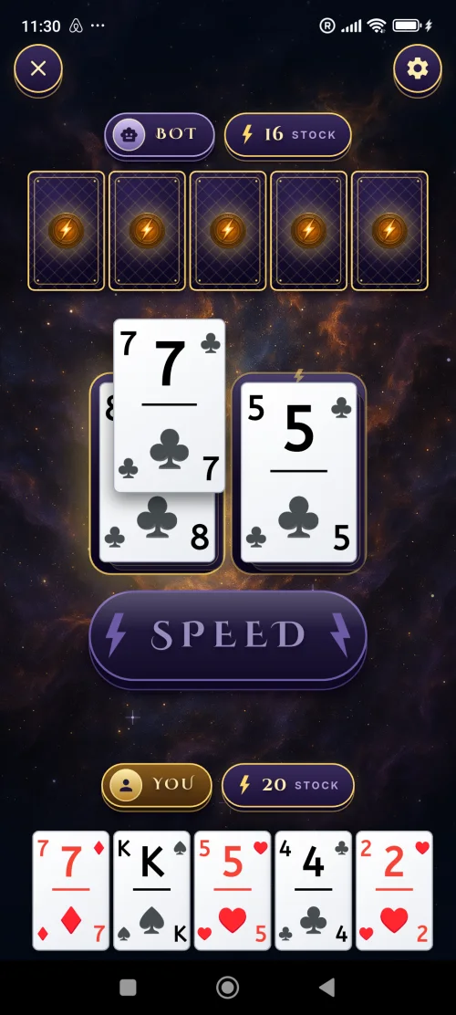 A BoltDuel match in play, two hands of cards around shared centre piles with a lightning strike on the latest move