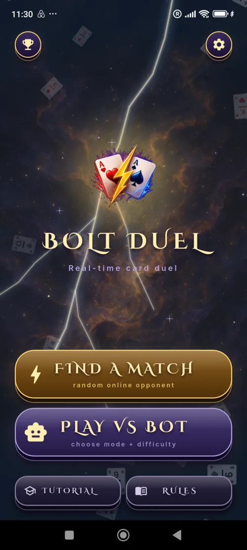 The BoltDuel home screen with the cosmic blue theme and the play, bot practice and leaderboard options
