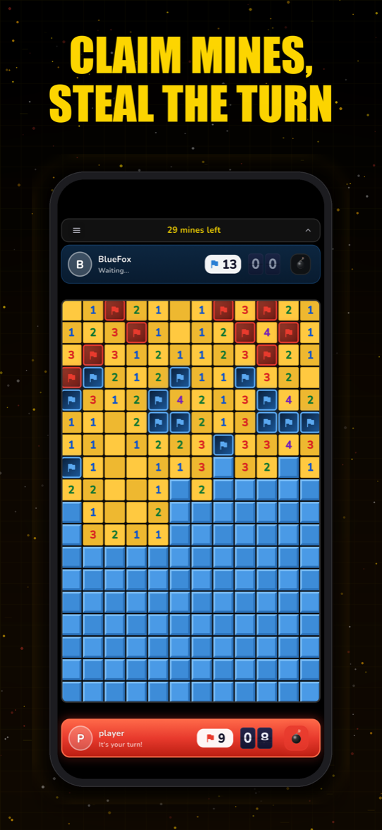 A live 1v1 Minesweeper Flags duel in progress on the shared board