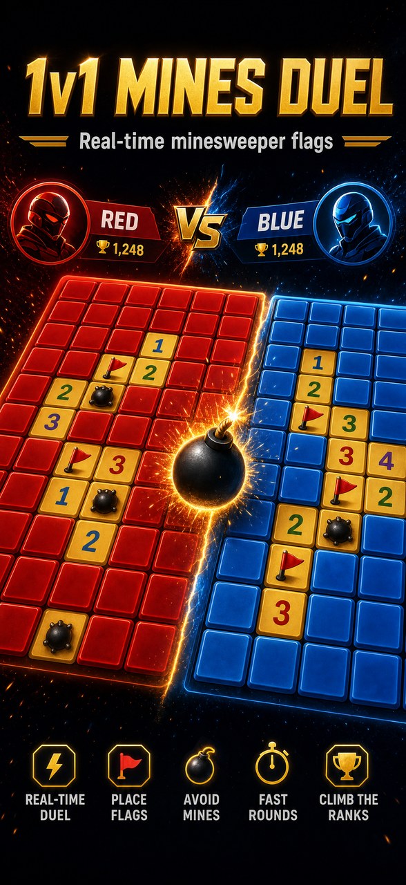 BombaDuel — 1v1 Mines Duel key art: red vs blue minesweeper duel