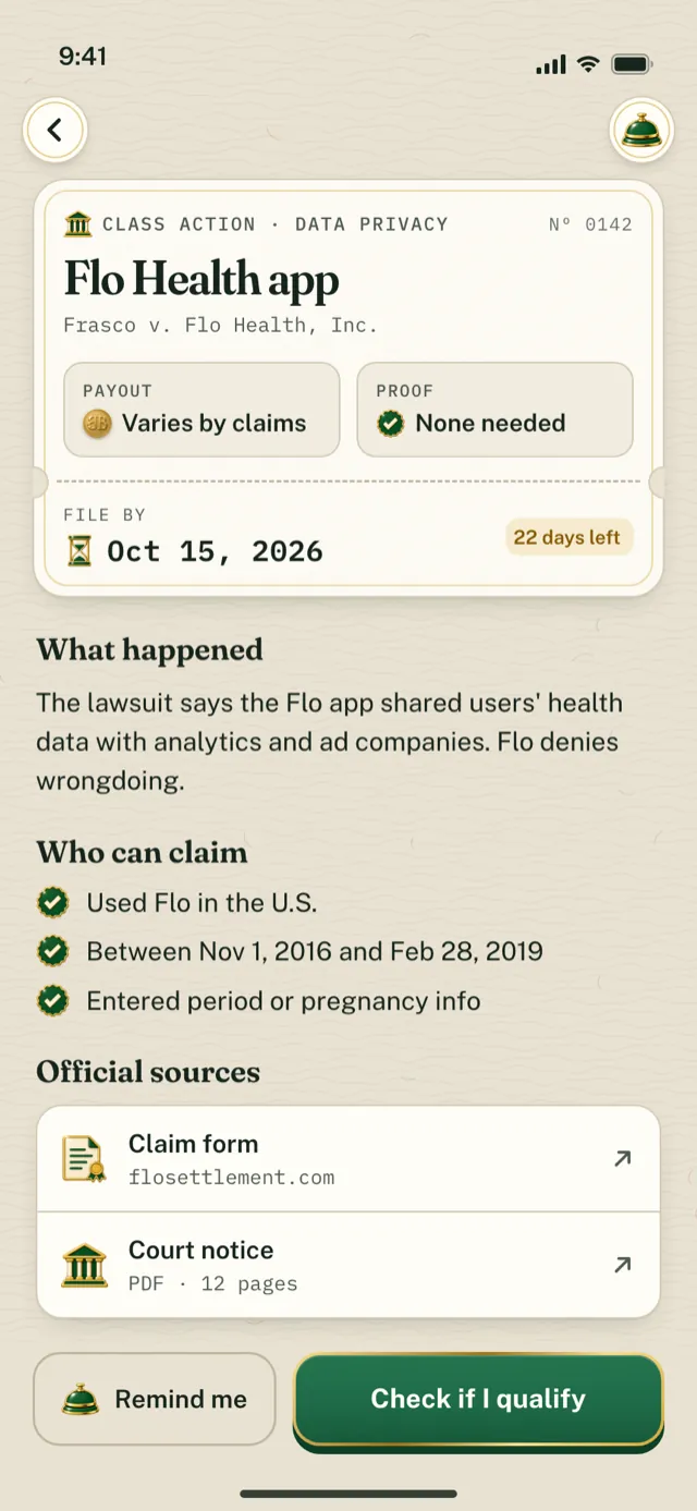The BuckBack page of an example settlement: the case, the filing deadline, what happened, who can claim in the notice's words, and links to the claim form and the court notice.