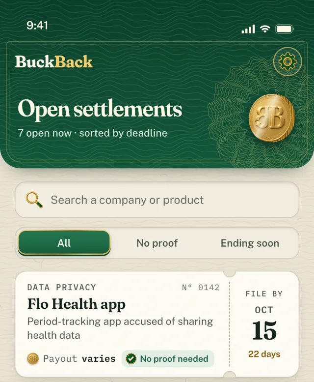 The top of the BuckBack list of open settlements: a green banknote header, a search field, filters, and one settlement ticket with its filing date.