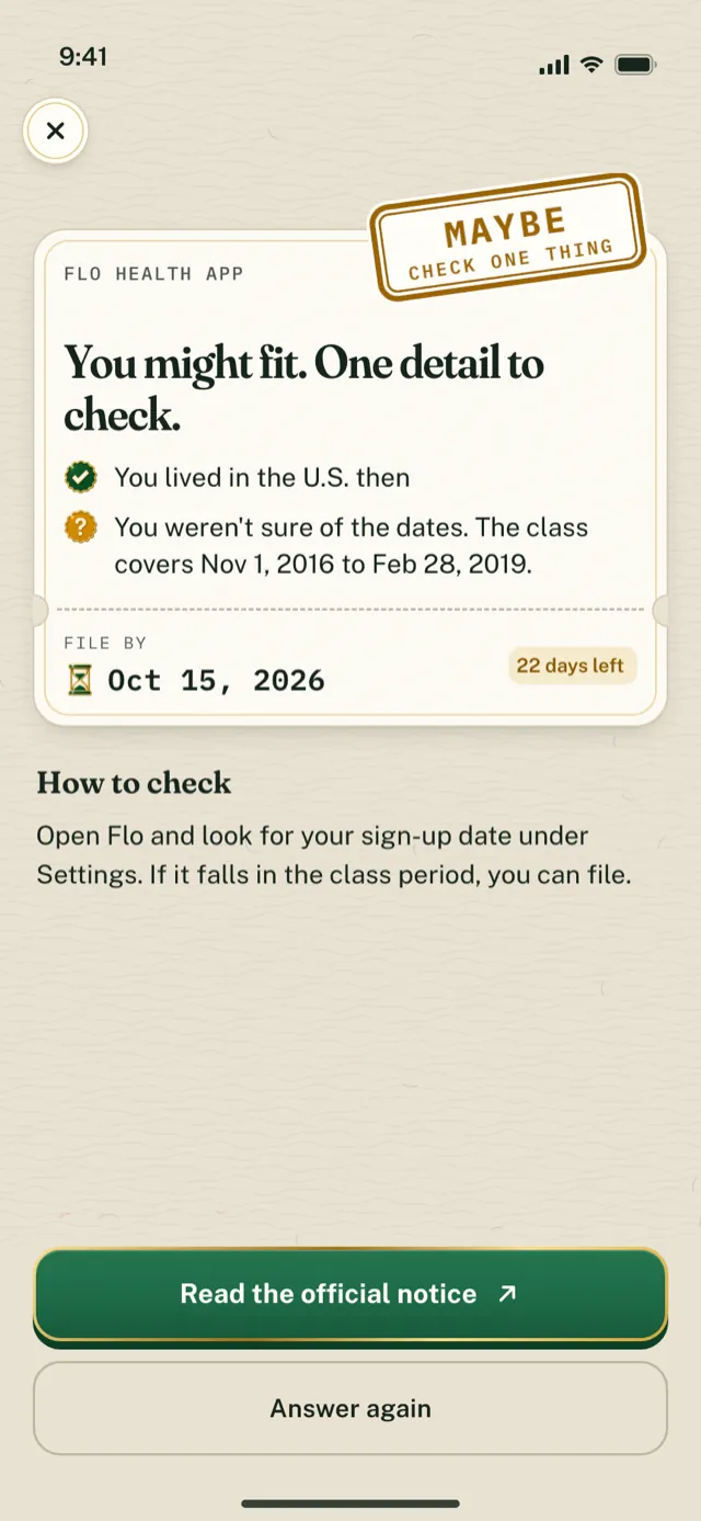 A Maybe verdict on an example settlement: one answer matches, one date is uncertain, and the screen explains how to check it before filing.