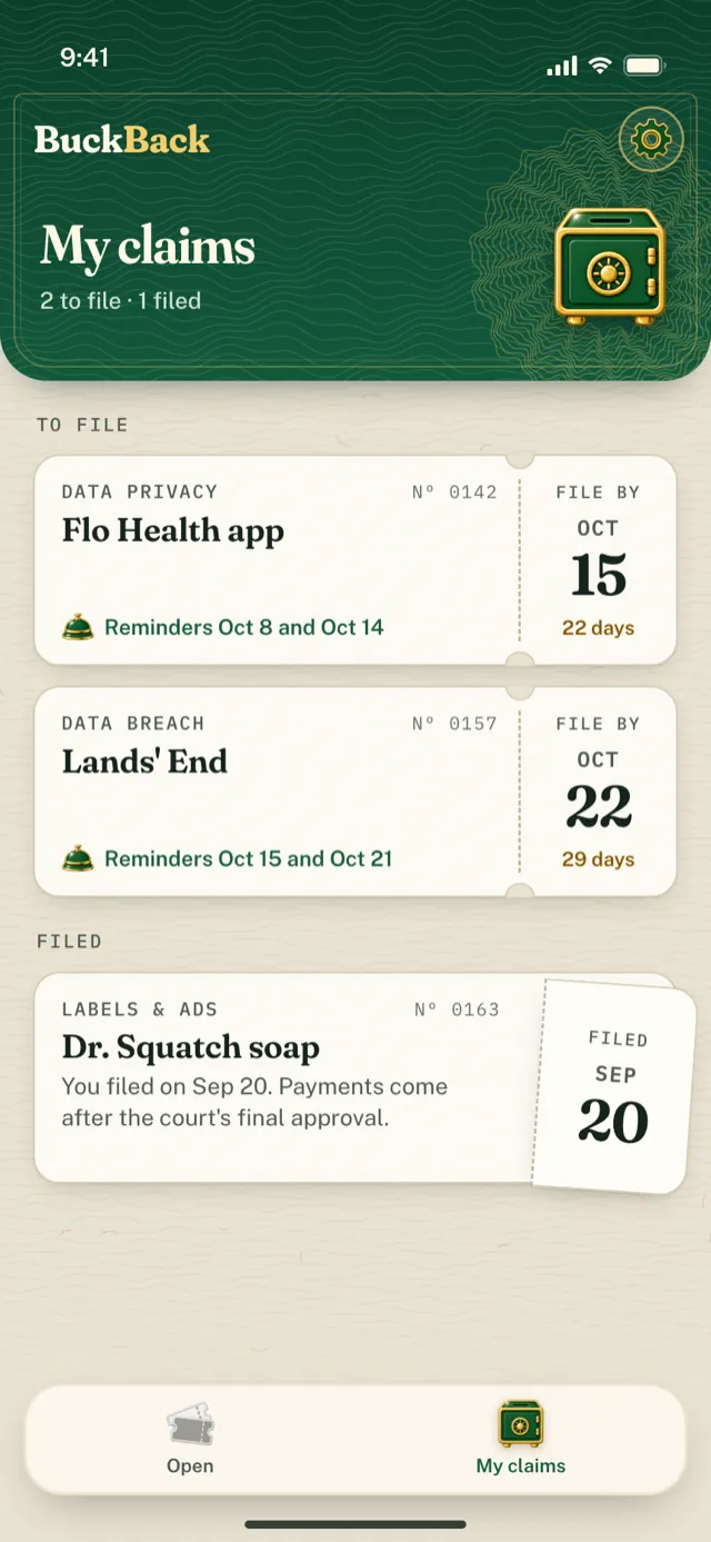 The My claims screen: two saved settlements with reminders a week and a day before their deadlines, and one settlement marked as filed.