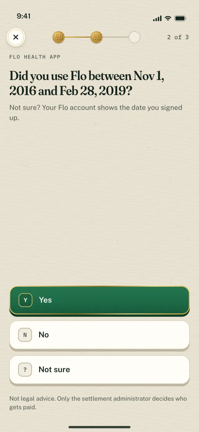 A BuckBack question about the class period of an example settlement, with the answers Yes, No and Not sure.