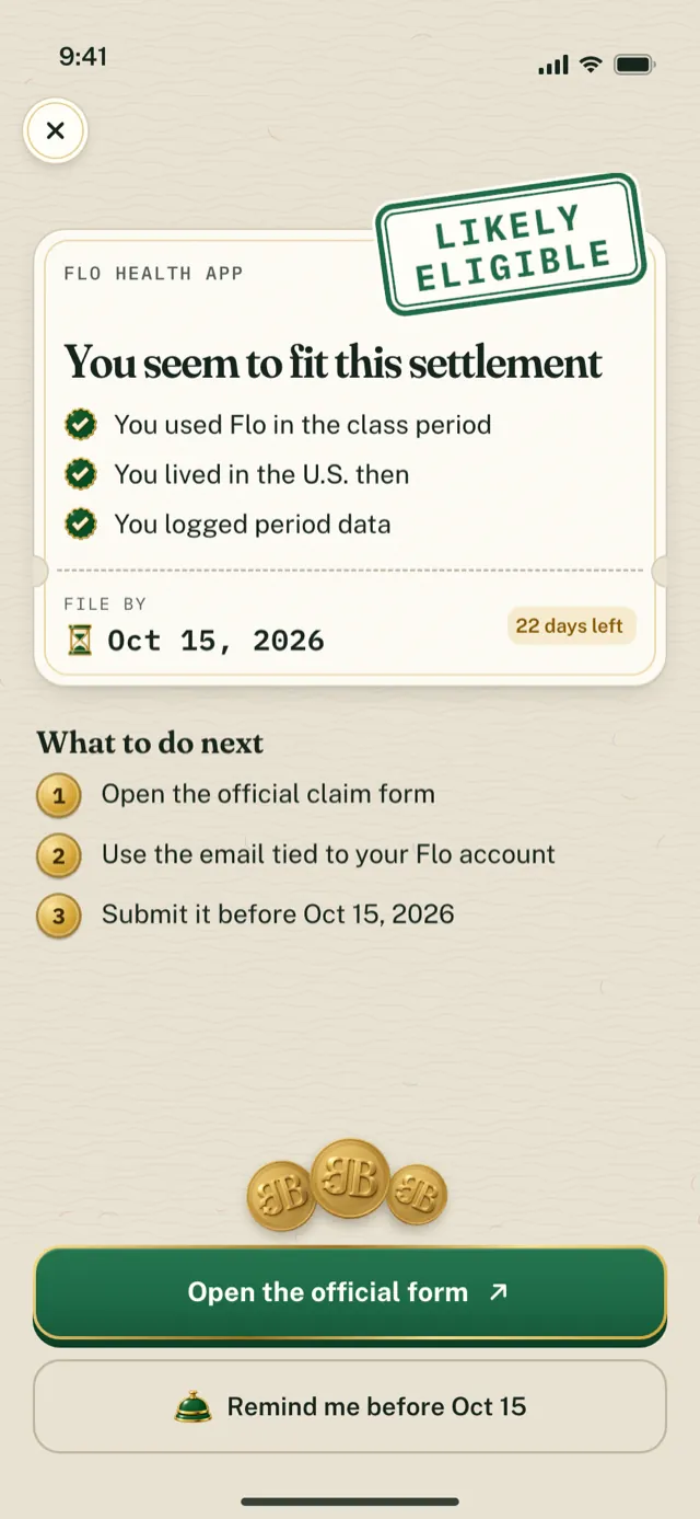 A Likely eligible verdict stamped on an example settlement, with the three answers that matched, the filing deadline, and a button that opens the official form.