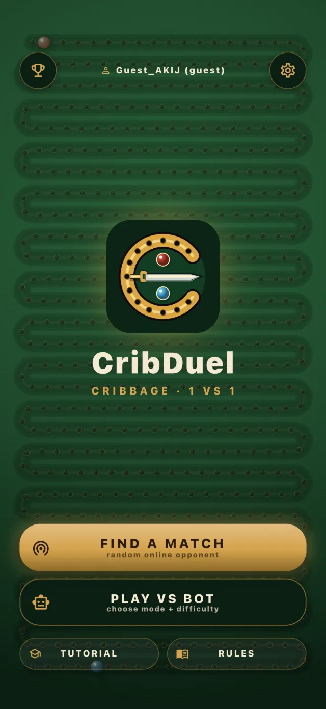 La schermata iniziale di CribDuel su un tavolo di panno verde