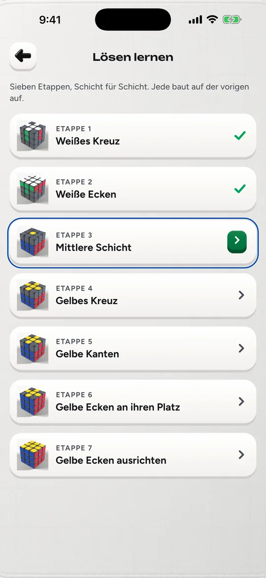 Der Kurs von Cubofix: sieben Etappen, vom weißen Kreuz bis zu den gelben Ecken