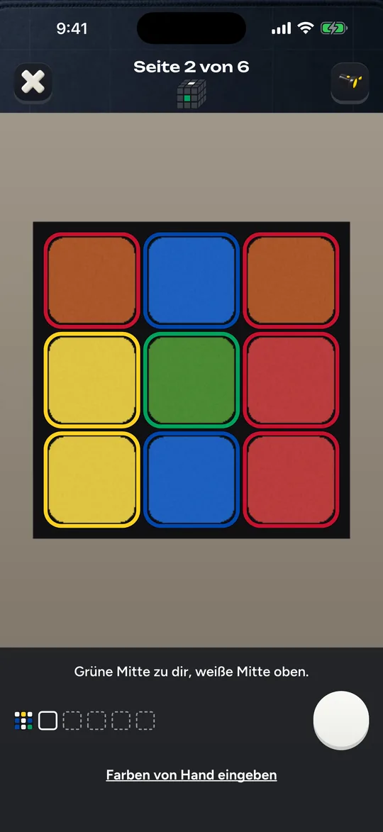 Cubofix erkennt mit der Kamera eine Seite des Würfels und umrandet jedes Feld in der erkannten Farbe
