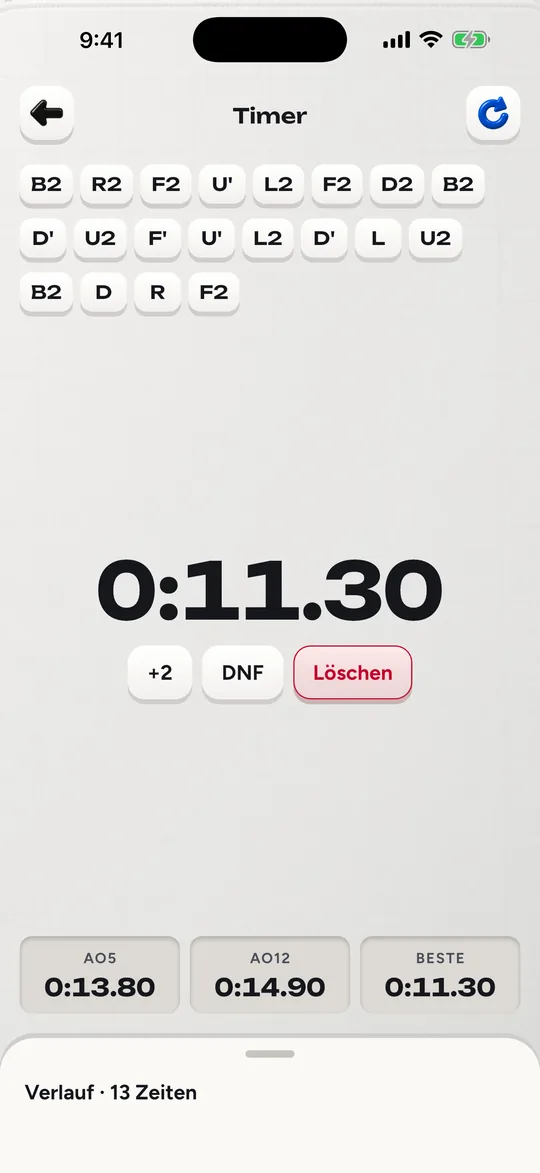 Der Timer von Cubofix mit Scramble, Lösungszeit und den Durchschnitten über 5 und 12