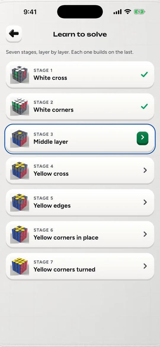 The Cubofix course: seven stages, from the white cross to the yellow corners