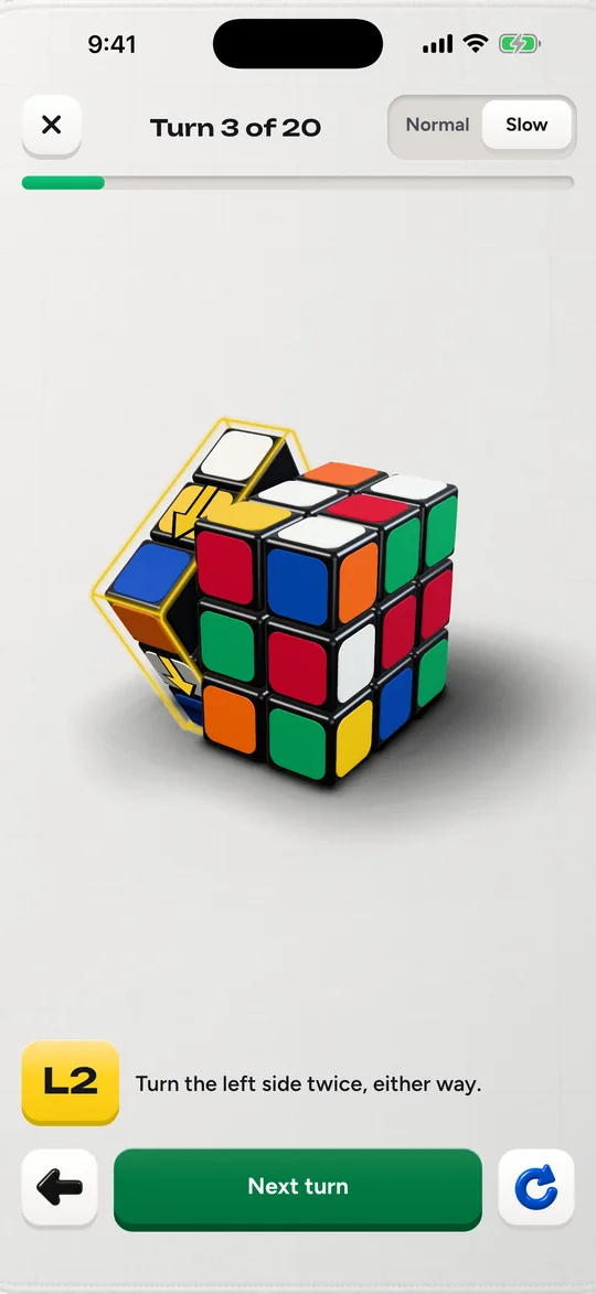 The Cubofix guide showing one turn on the 3D cube, with the move and the same turn in words