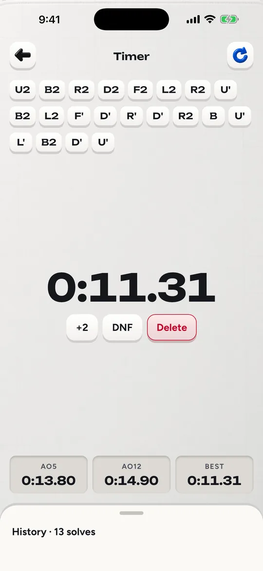 The Cubofix timer with a scramble, a solve time and the averages of 5 and 12