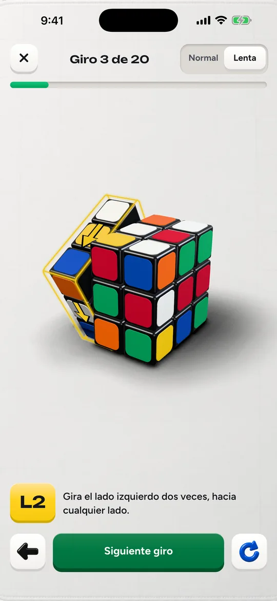 La guía de Cubofix muestra un giro en el cubo 3D, con su notación y su explicación en palabras