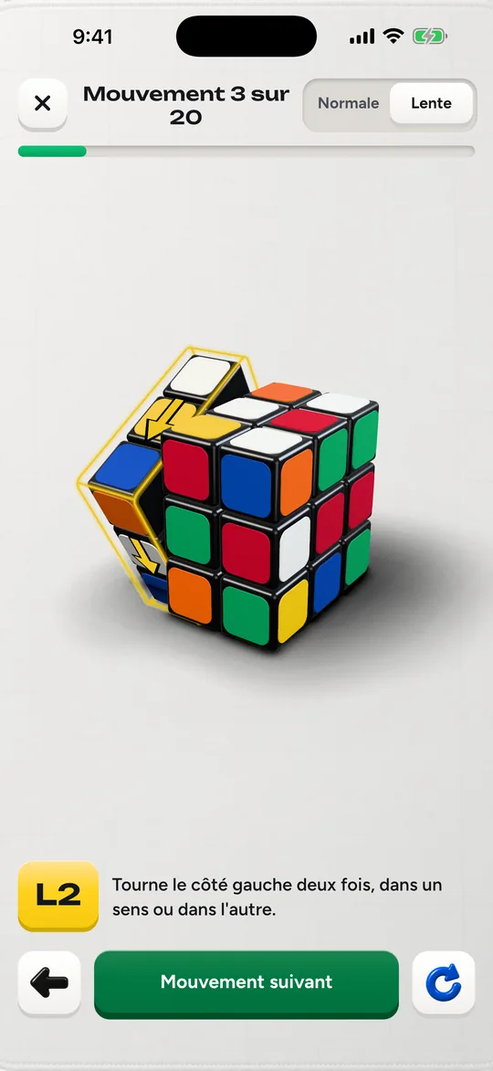 Le guide de Cubofix montre un mouvement sur le cube 3D, en notation et en mots