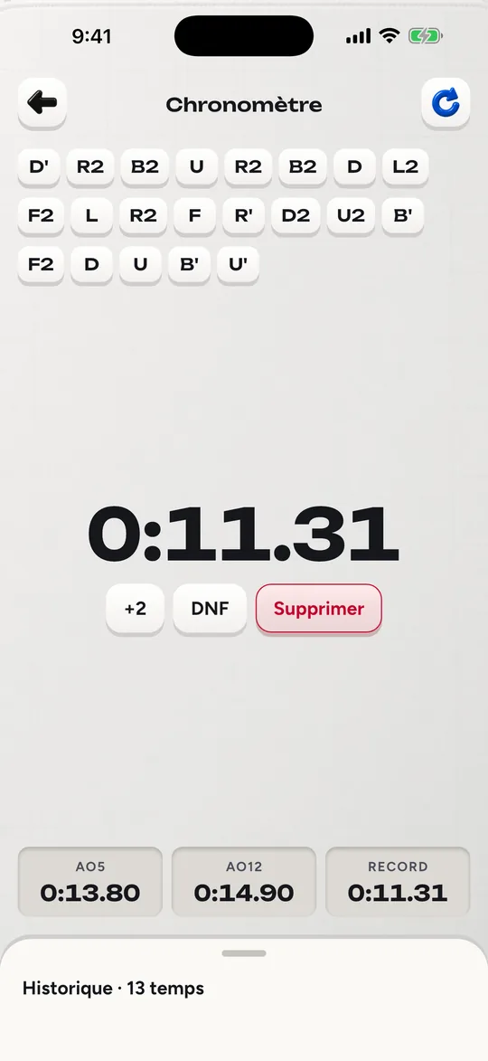 Le chronomètre de Cubofix avec un mélange, un temps et les moyennes sur 5 et sur 12