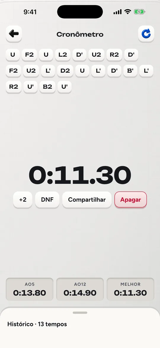 O cronômetro do Cubofix com um embaralhamento, um tempo e as médias de 5 e de 12