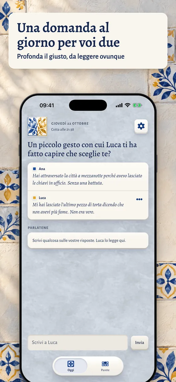 La schermata Oggi di Duamo: la domanda del giorno, le due risposte e lo spazio per parlarne