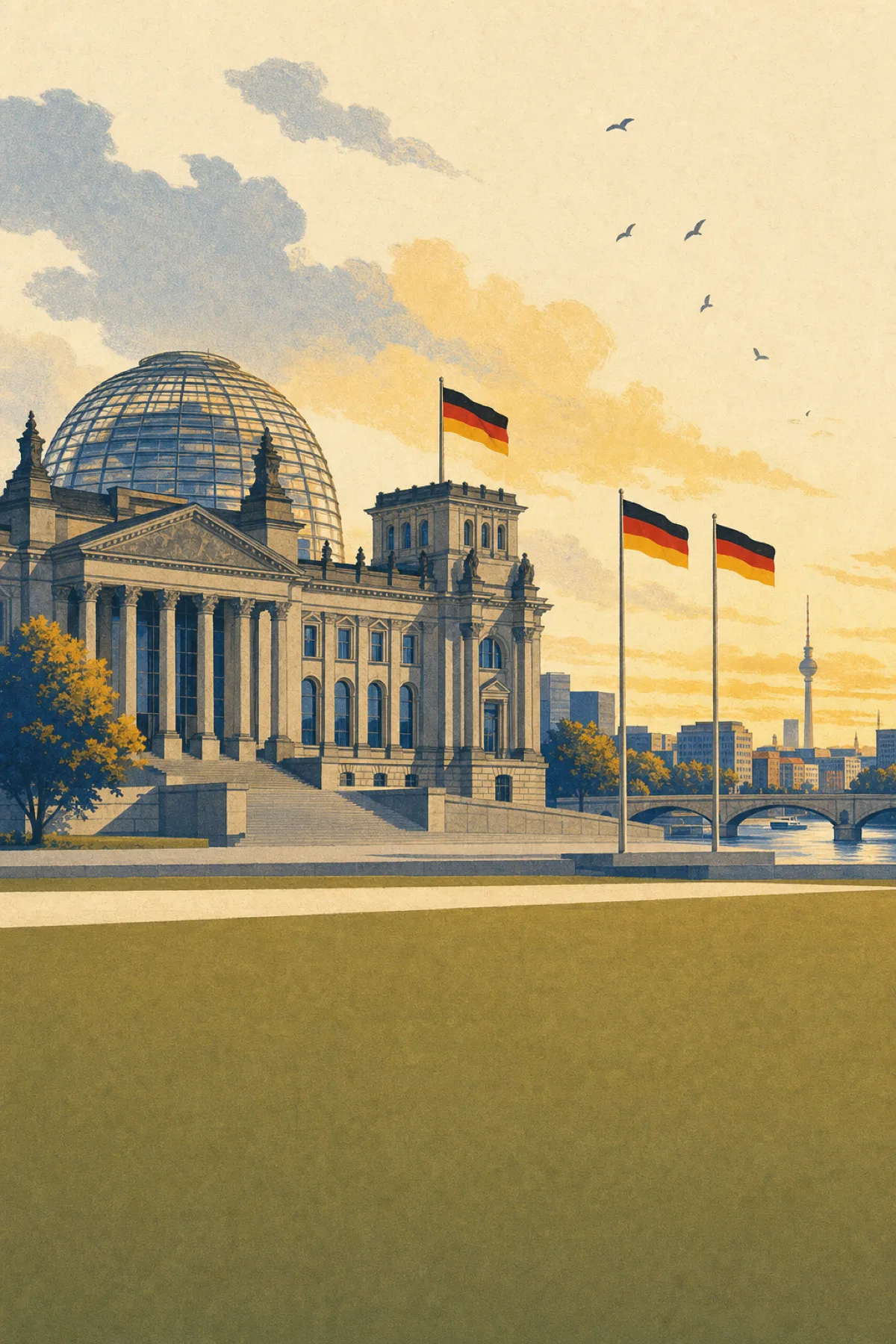 Der Reichstag mit deutschen Flaggen, das Bild für die Stufe B1 und den Einbürgerungstest