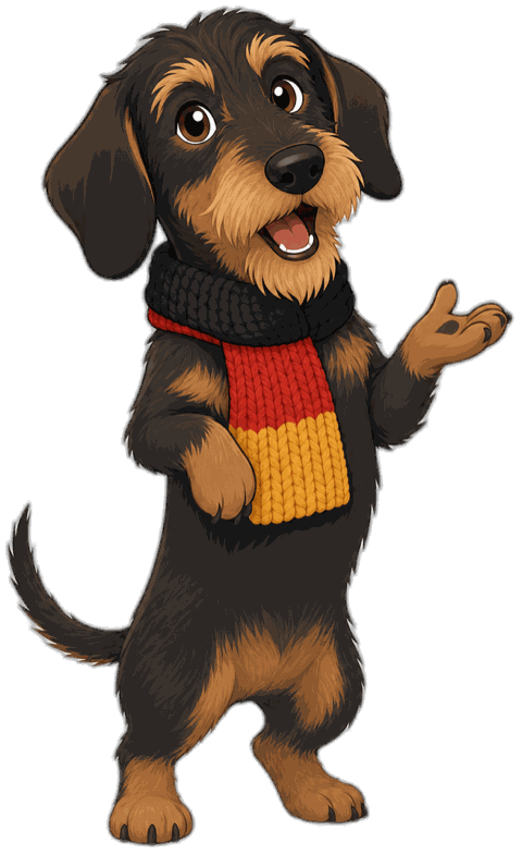 Otto, das Maskottchen von Germanio, ein Dackel mit schwarz-rot-goldenem Schal