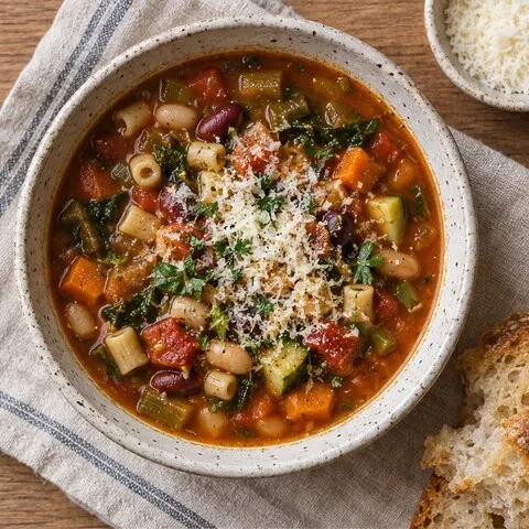 A pot of minestrone with beans and pasta