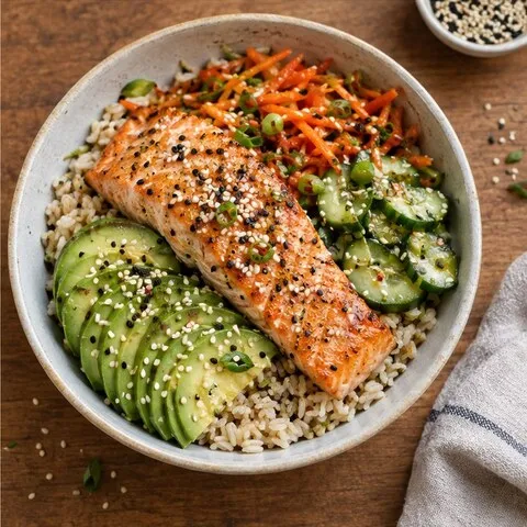 Sesame salmon rice bowls