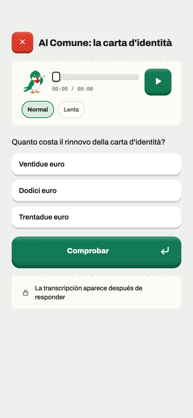 Una tarea de comprensión auditiva: el reproductor con velocidad normal y lenta, una pregunta y tres respuestas.