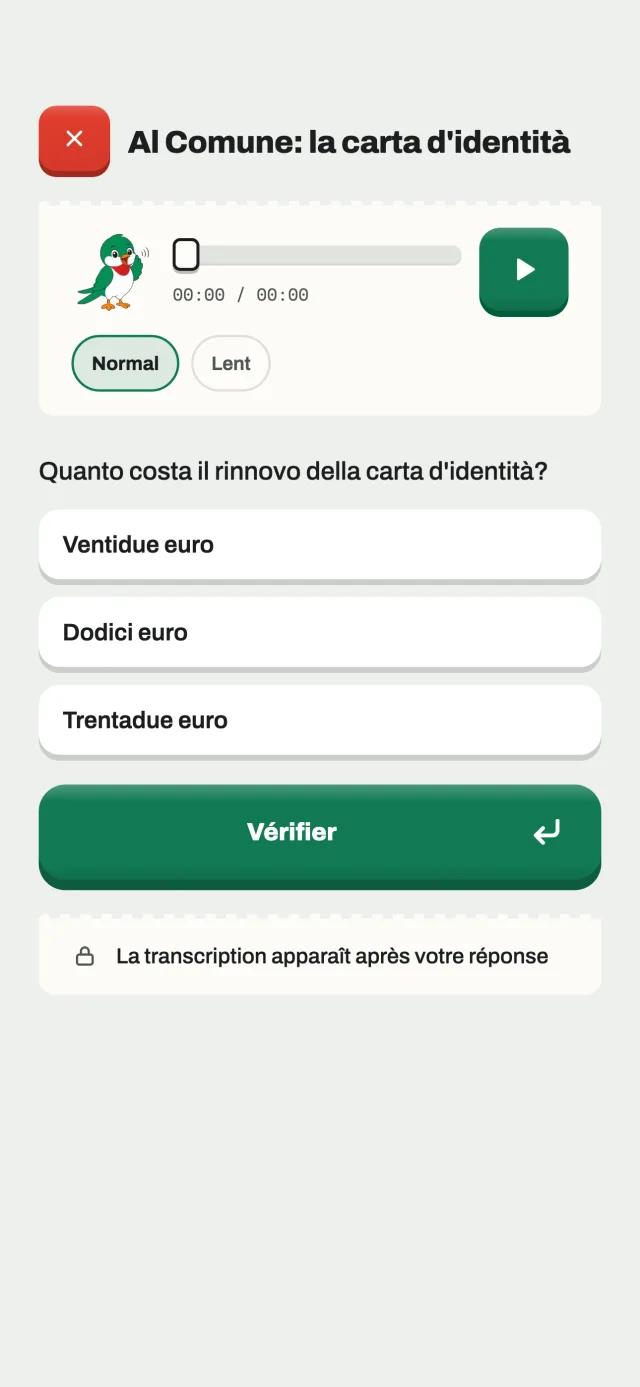 Une épreuve de compréhension orale : le lecteur audio en vitesse normale ou lente, une question et trois réponses.