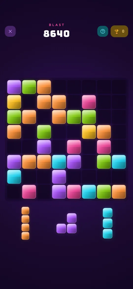The KaBlok BLAST game showing a colourful 8 by 8 board mid-run with neon blocks and a high score of 8640