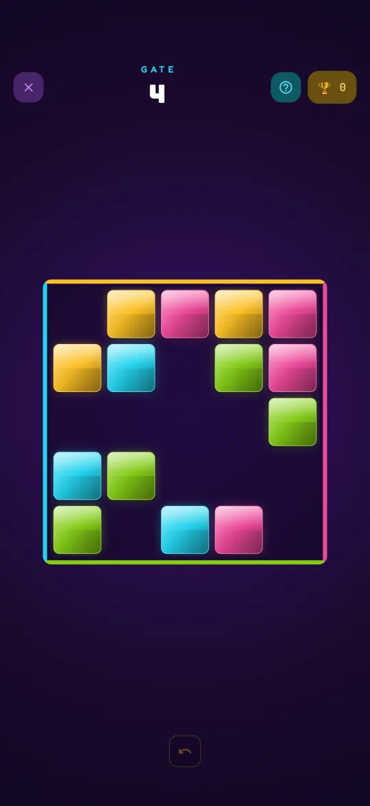 The KaBlok GATE game, a neon-bordered board where blocks slide to their matching-colour gate