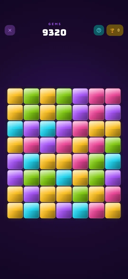 The KaBlok GEMS game, a full board of glossy candy-coloured gems ready to swap and match three