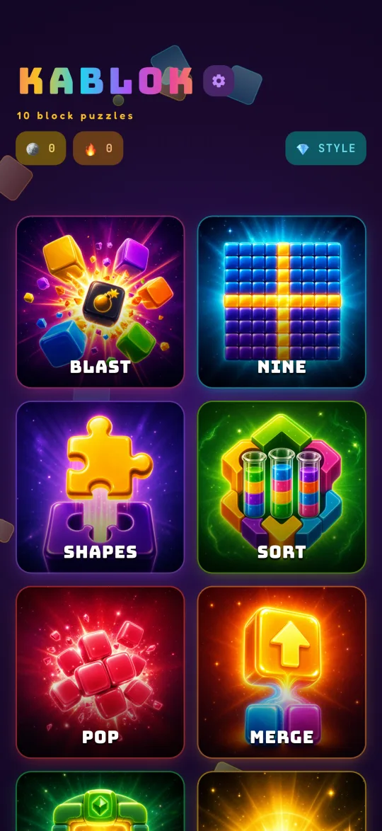 The KaBlok home screen, a grid of glossy neon game tiles for BLAST, NINE, SHAPES, SORT, POP and MERGE
