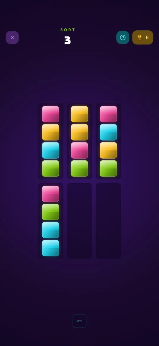 The KaBlok SORT game showing colour-stacked tubes to pour until each tube is a single pure colour