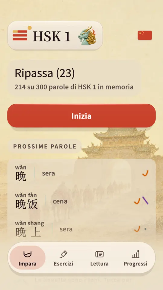 La schermata iniziale di Kylin, con i ripassi di oggi e quanta parte di HSK 1 regge ancora, sopra un cortile di tempio dipinto