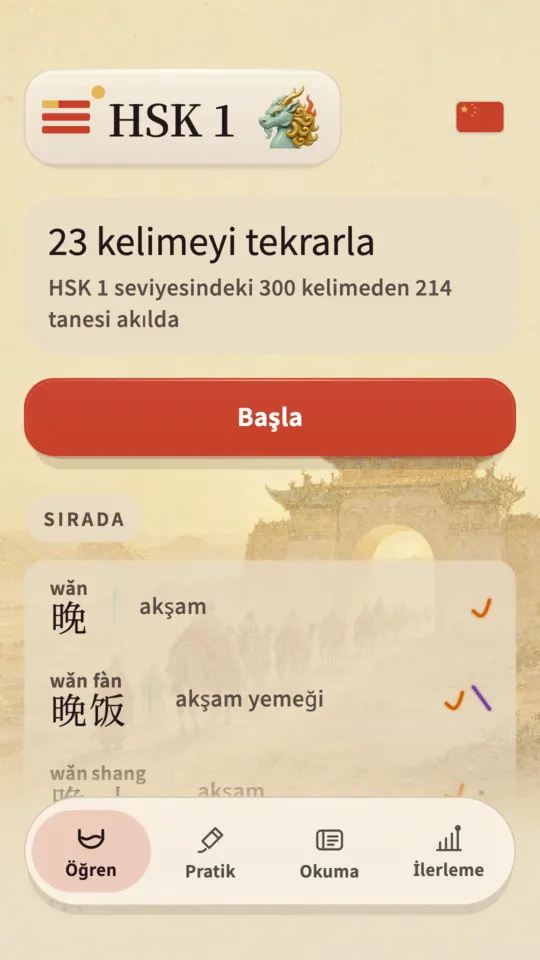 Kylin ana ekranı: bugünkü tekrar sayısı ve HSK 1'in ne kadarının hâlâ tuttuğu, resmedilmiş bir tapınak avlusunun üzerinde