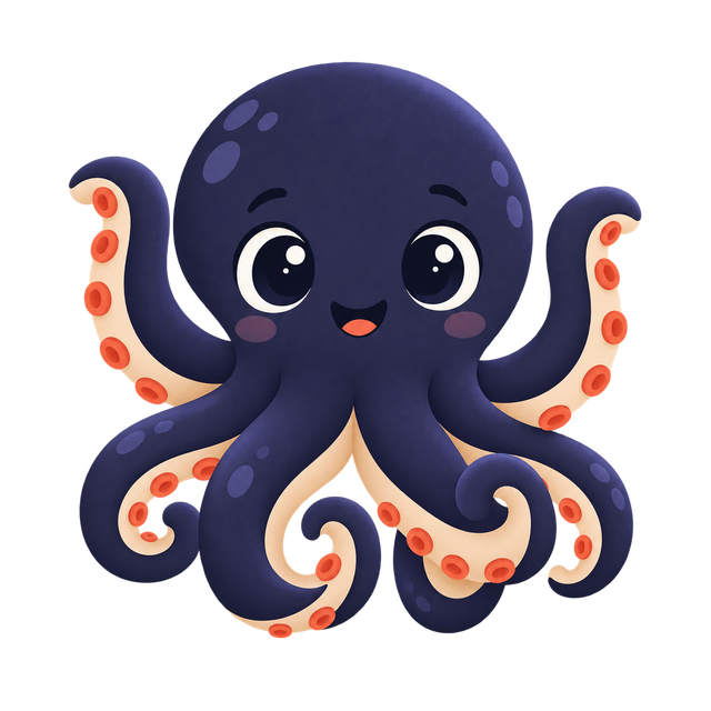 Otti, the Loquio mascot, a small octopus with eight expressive arms