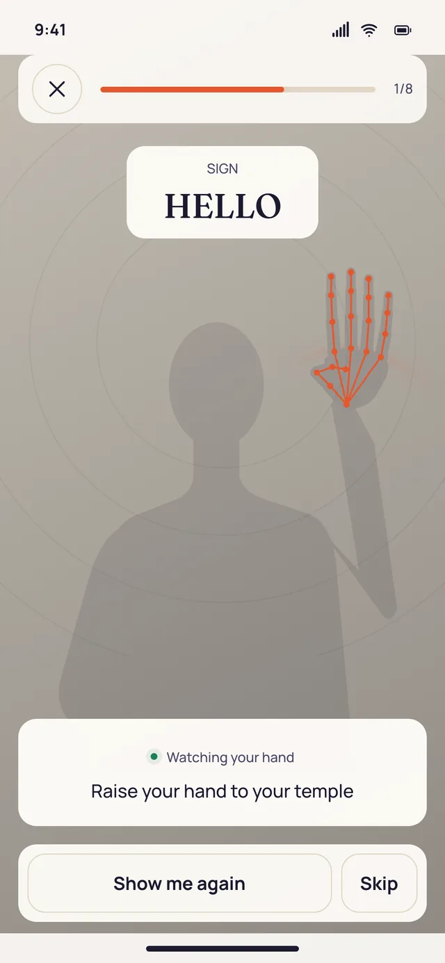 Loquio's camera screen watching a learner sign HELLO, with an orange skeleton overlay tracking the raised hand