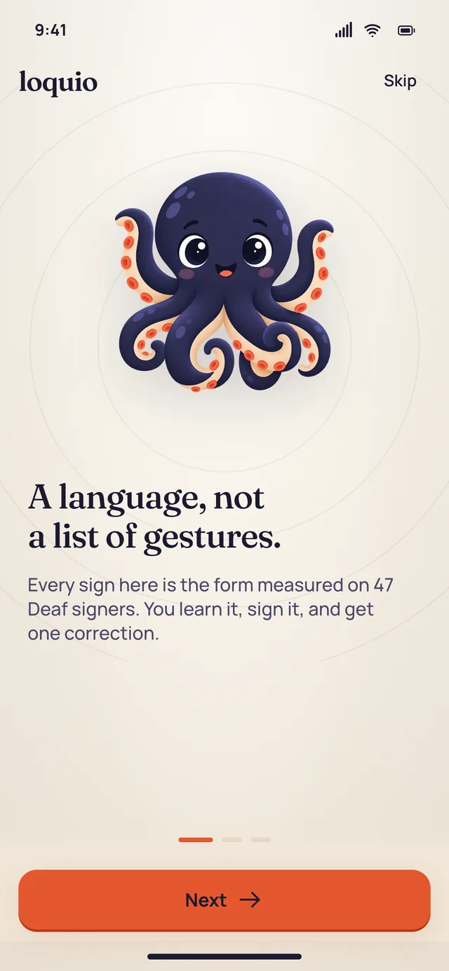 Loquio's first lesson screen: Otti the octopus above the line, A language, not a list of gestures