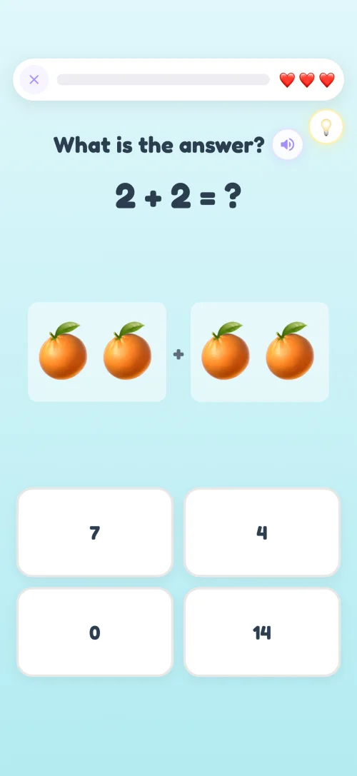 A MateMatty problem screen asking what is 2 plus 2 with two oranges plus two oranges and four answer buttons