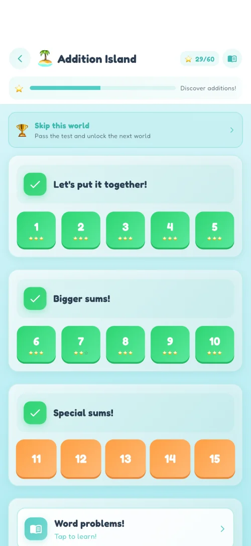 A MateMatty level select screen with a path of numbered levels and stars