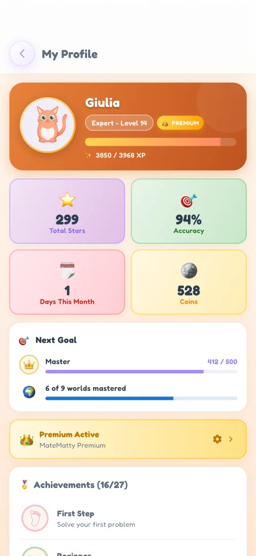 A MateMatty profile screen showing level, XP, coins and stars