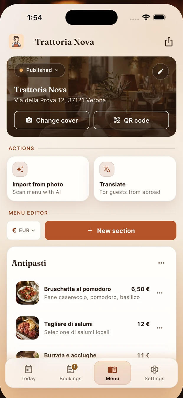 Restaurantbildschirm: Titelbild wechseln, QR-Code, Karte aus einem Foto einlesen, übersetzen