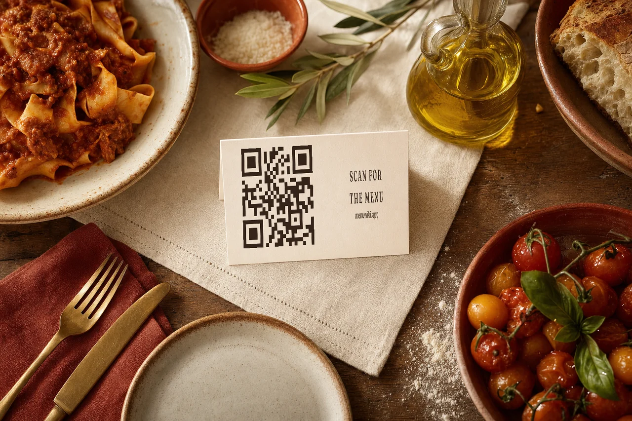 Eine gedruckte Tischkarte auf einem gedeckten Tisch, mit einem QR-Code, der die Speisekarte öffnet