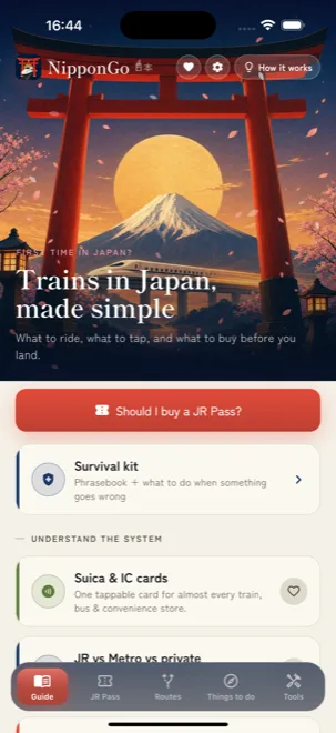 The NipponGo home screen with a painted twilight scene of a torii gate and Mount Fuji, headed Trains in Japan made simple