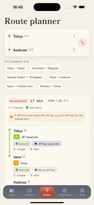 NipponGo route planner showing a Tokyo to Asakusa route with per-leg Suica and JR Pass badges