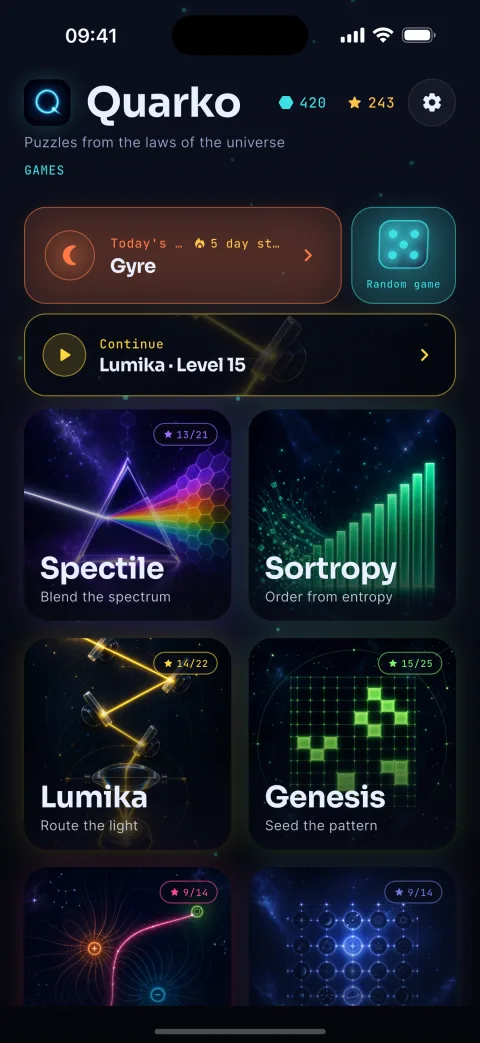 The Quarko home screen, a grid of key-art tiles for the twelve puzzle games