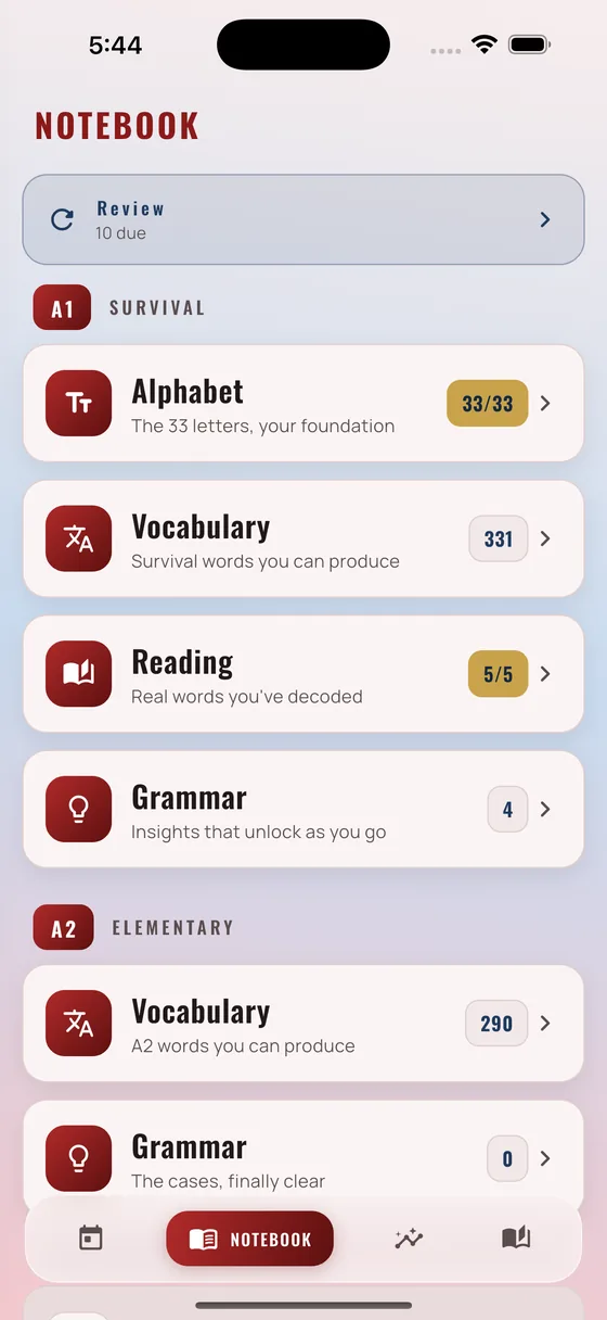 Russio notebook screen organising learned Russian letters and words by category
