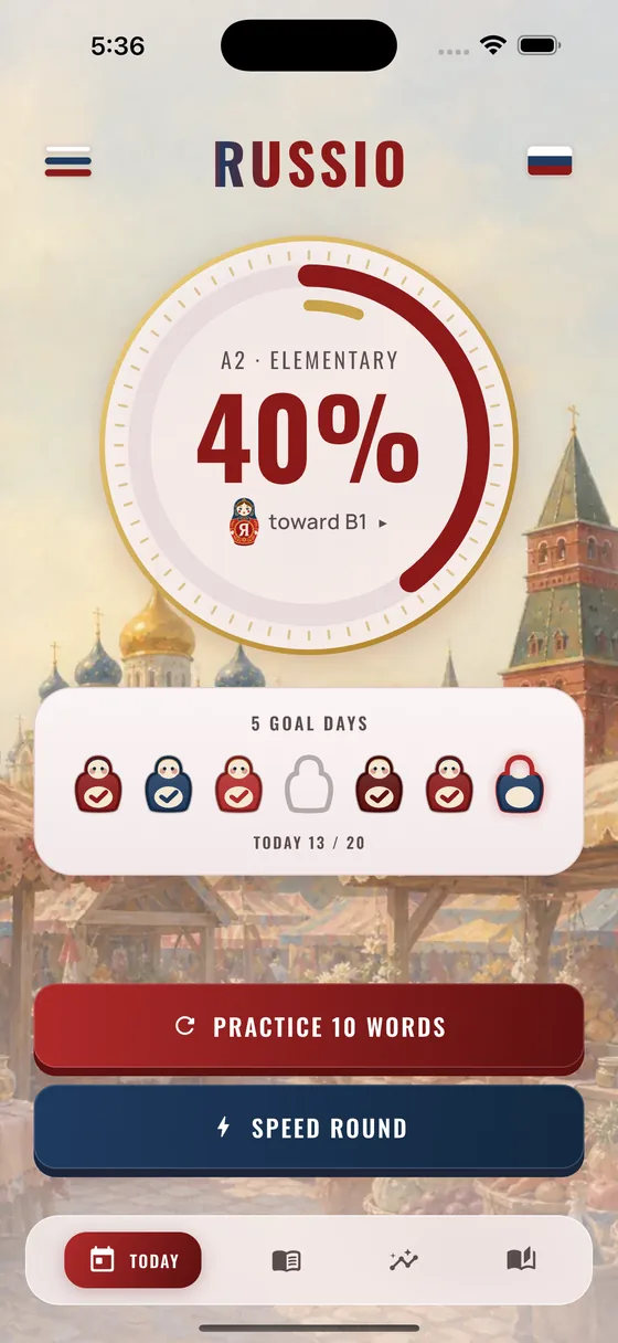 The Russio home screen showing A2 progress at 40 percent over a painted Saint Basil cathedral, with daily goal matryoshka dolls