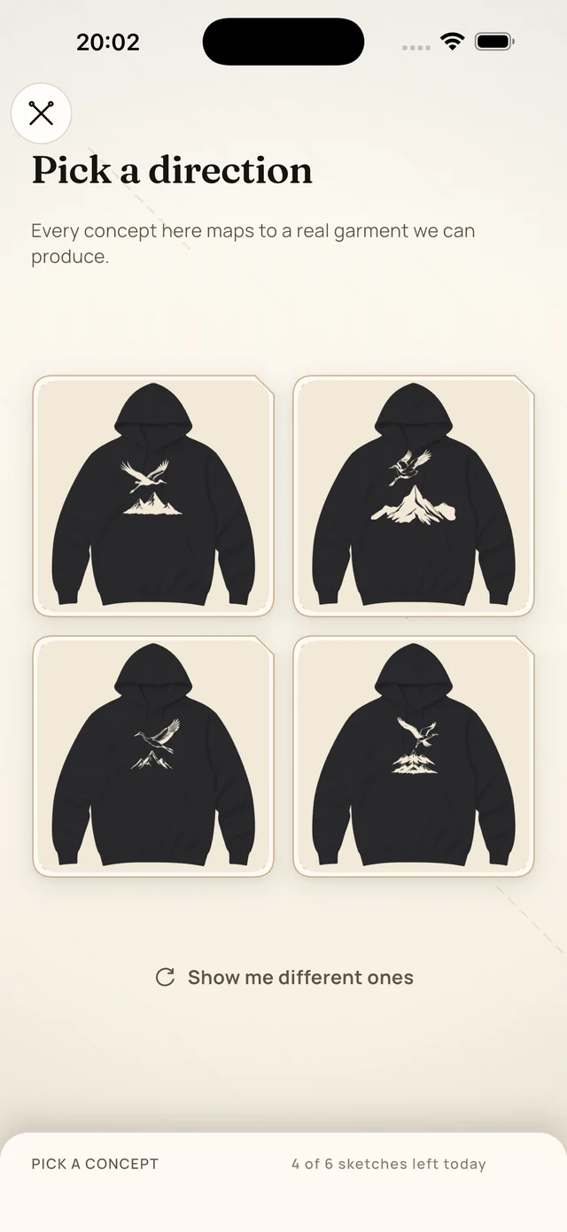 Four black hoodie concepts sketched by AI from one sentence, each with a crane and mountain graphic drawn differently