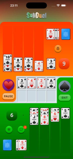 A live 1v1 Solitaire duel in progress on the green felt board